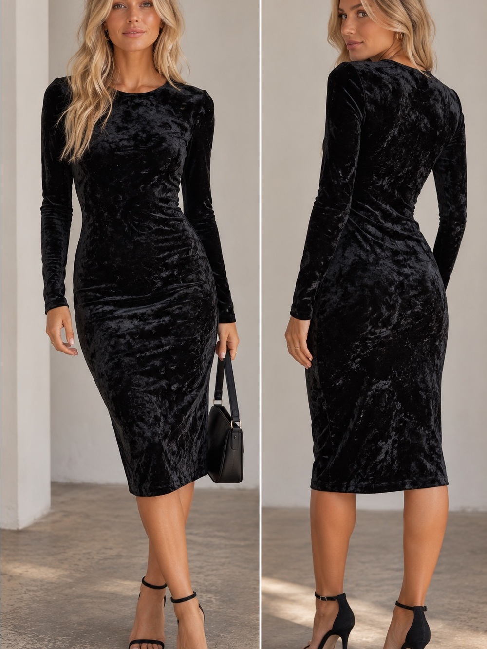 Good American Black Crushed Velvet Long-Sleeve Midi Dress